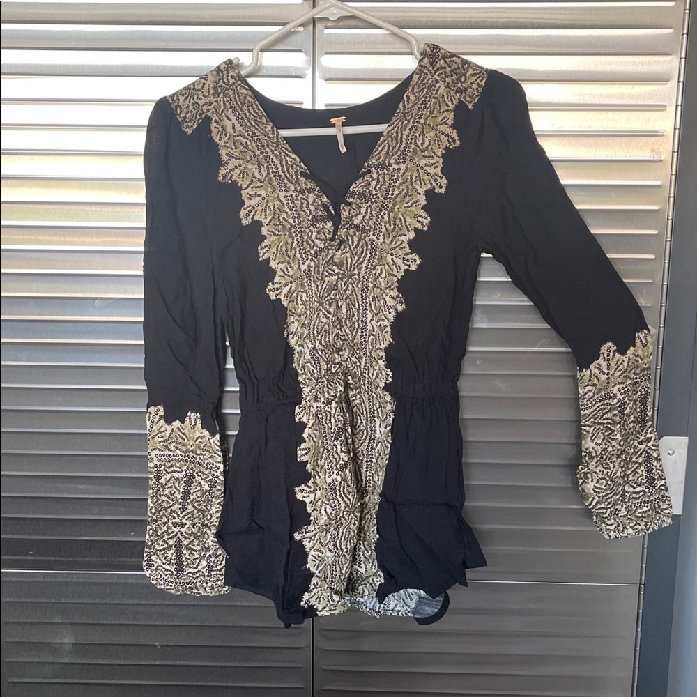 Free People Black and Gold Patterned Top